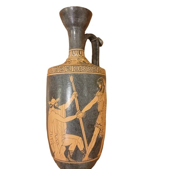 Greek Terracotta Vase Pottery Lekythos Red Figures Signed Gray Tan - Picture 9 of 9